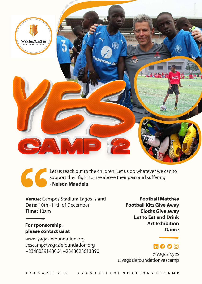YagazieYes's tweet photo. Hi @WiebeB_Africa, it is our delight to inform you of our upcoming #yescamp, a football competition &amp; socio-cultural event for teenagers. We will appreciate your consideration for supporting this sustainable and impactful initiative targeted at developing 🇳🇬 Kids.

#yagazieyes https://t.co/YxSlyqPrLB