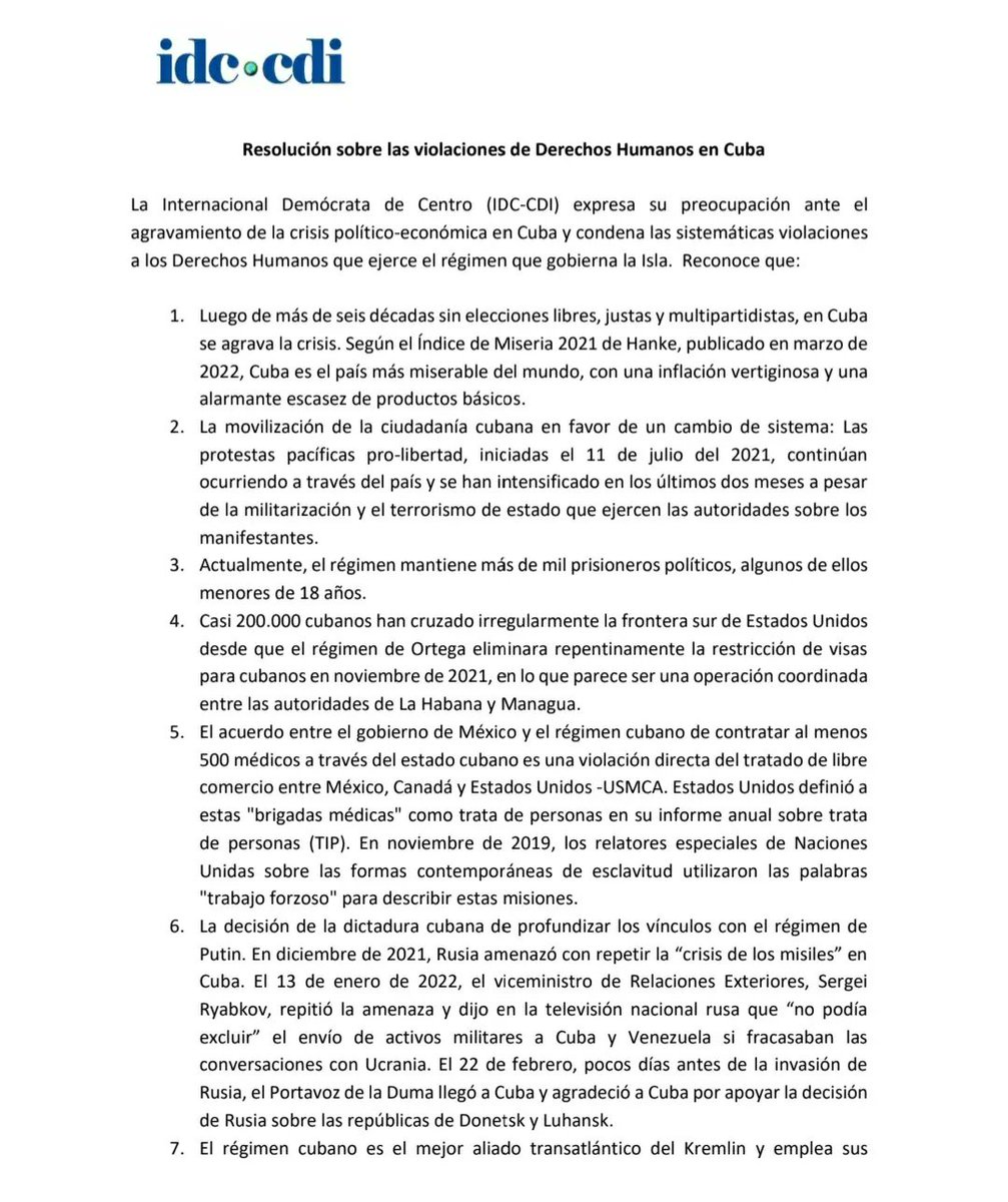 ODCA's tweet photo. En la reunión de Comité Ejecutivo la @idc_cdi expresó su preocupación ante el agravamiento de la crisis político-económica en Cuba, condenó las violaciones a los Derechos Humanos por el régimen y emitió la presente Resolución:
#SomosODCA
#ODCAEnElMundo
#ODCAConCUBA https://t.co/yqI4Stxhe9