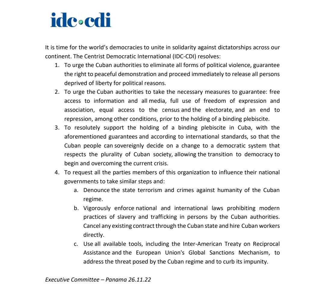 ODCA's tweet photo. En la reunión de Comité Ejecutivo la @idc_cdi expresó su preocupación ante el agravamiento de la crisis político-económica en Cuba, condenó las violaciones a los Derechos Humanos por el régimen y emitió la presente Resolución:
#SomosODCA
#ODCAEnElMundo
#ODCAConCUBA https://t.co/yqI4Stxhe9