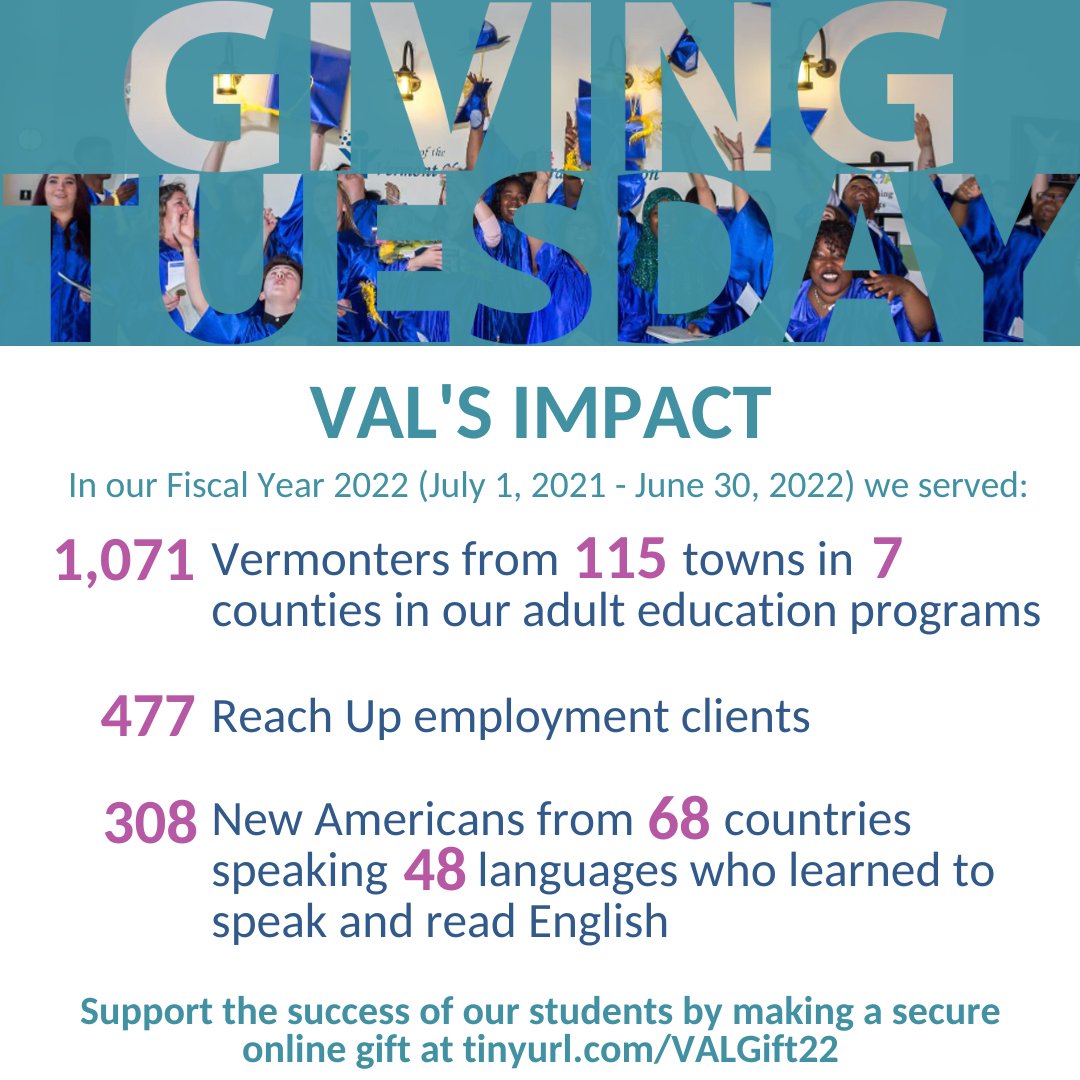 VTAdultLearning's tweet image. Tomorrow is #GivingTuesday and an opportunity to support VAL and the adult learners we serve! Learn about ways to give at vtadultlearning.org/giving or make a secure online gift directly at tinyurl.com/VALGift22