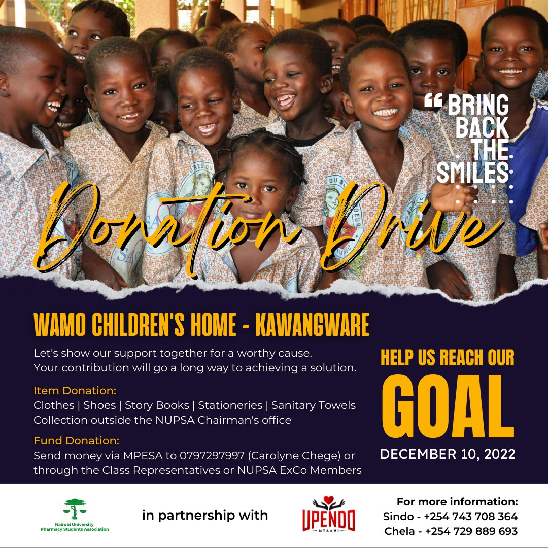 ManyalaIzMe's tweet photo. In the spirit of mchango, here's a donation drive appeal as we aim to #BringBackTheSmiles this holiday season.
To all pharmacy students at @uonbi and other well-wishers who would like to show their support towards a worthy cause, help us reach our goal.๐ https://t.co/gLJJ0BPZZw