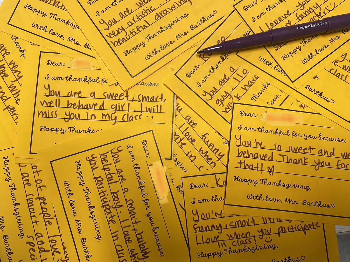 Before the Thanksgiving break I wrote personalized notes for each one of my 68 students. I just want them to know how grateful I am for them because they are special in very unique ways. 🧡 #teachersoftwitter @Teachers_AH