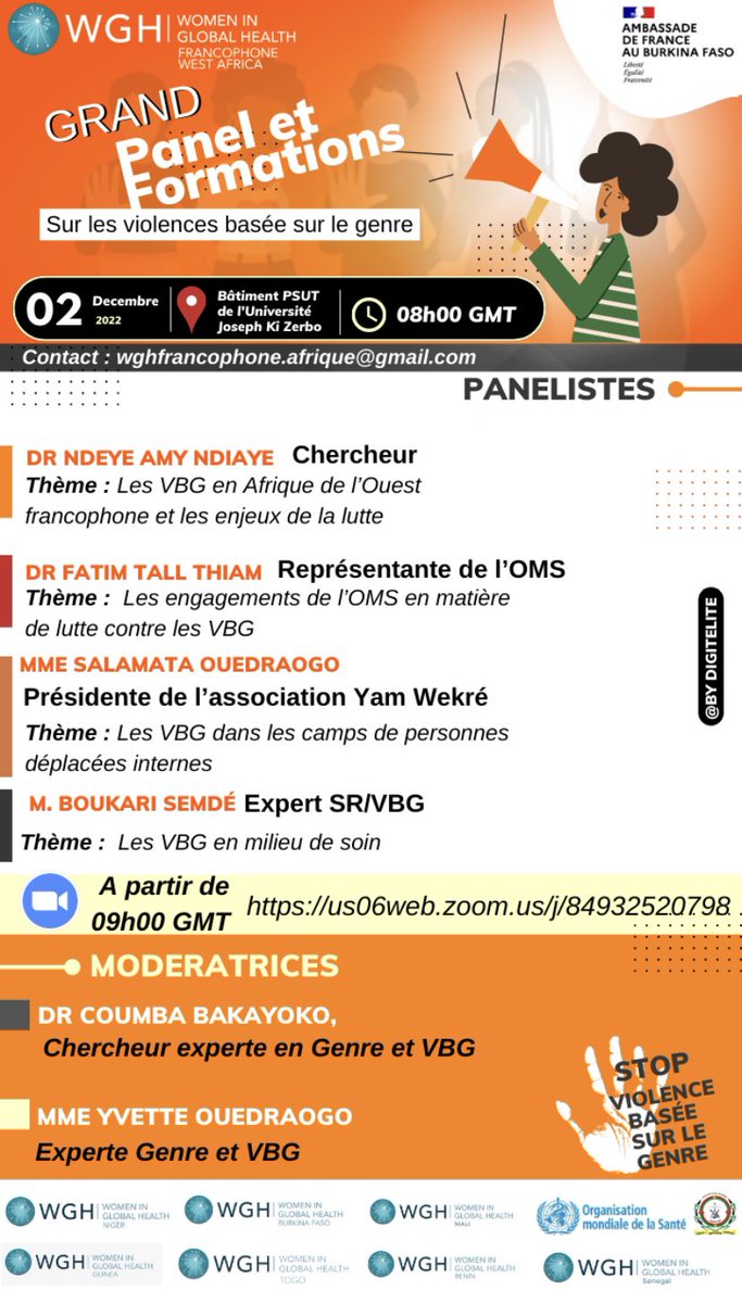 J6  on vous donne RDV vendredi 2/12/2022 pour des échanges entre experts sur les VBG! zoom disponible à partir de 9h GMT! #WGHvsVBG  #VBG #16daysofactivism2022 <a href="/WGHBurkinaFaso/">Women In Global Health Burkina Faso</a> <a href="/NigerWgh/">Women in Global Health Niger</a> <a href="/WghBenin/">Women in Global Health-Benin 🇧🇯</a> <a href="/WGHCameroon/">Women In Global Health Cameroon</a> @WGH_togo <a href="/UNFPA/">UNFPA</a> @OMS <a href="/womeninGH/">Women In Global Health</a> <a href="/SamyOuedraogo/">Samiratou Ouédraogo</a> <a href="/aisbarry/">Barry Aissatou</a>  <a href="/womeninGH/">Women In Global Health</a>