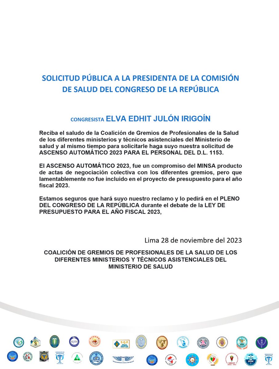 GMinsa's tweet photo. Solicitud Pública a la Presidenta de la Comisión de Salud del Cogreso de la República @JulonEdhit @congresoperu @Gral_Williams https://t.co/tjk5zSkpeZ