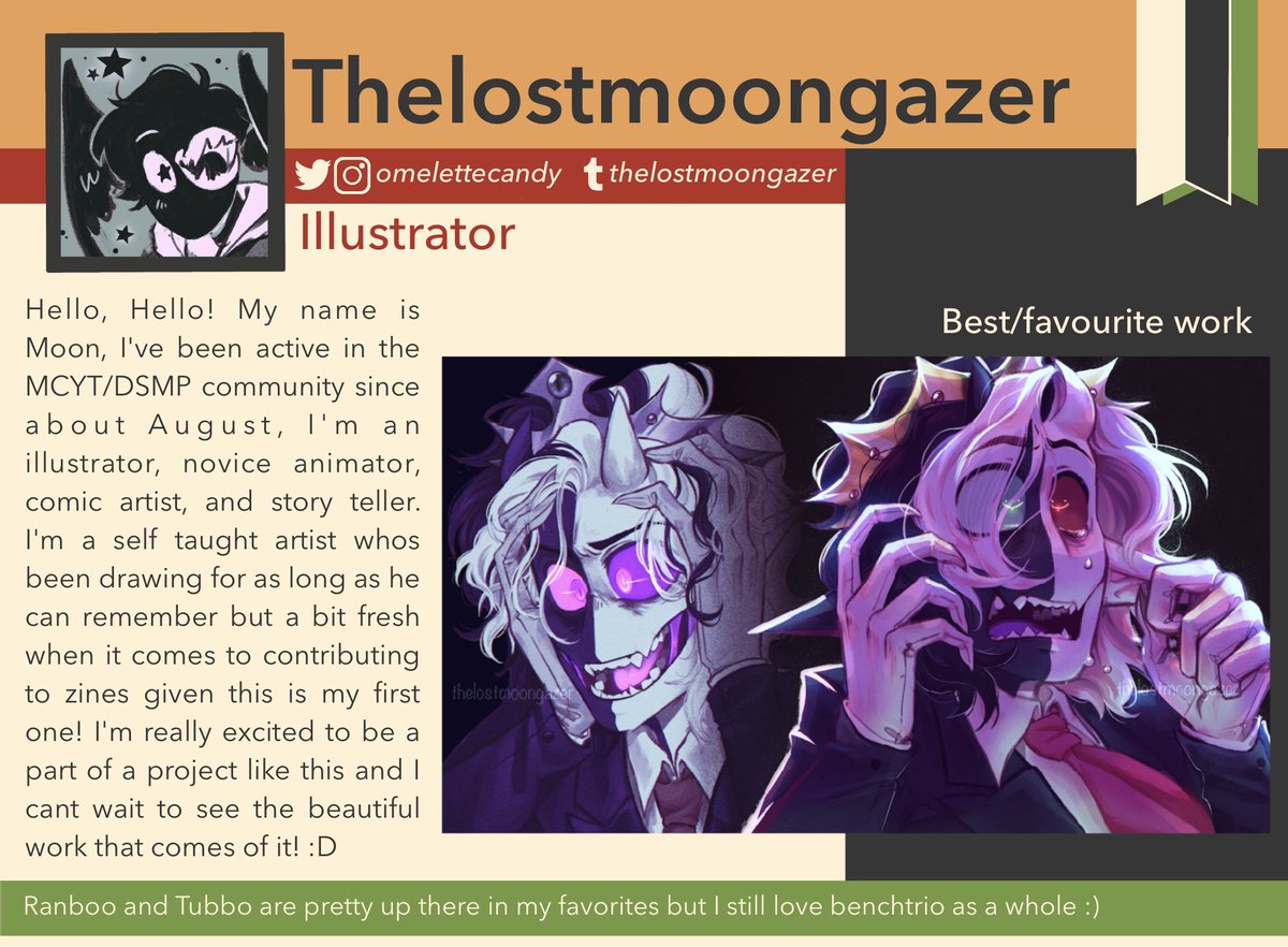 benchtriozine's tweet photo. Contributor Spotlight Time✨

🌻@omelettecandy

“Hello, Hello! My name is Moon, I've been active in the MCYT/DSMP community since about August…”

His favorite members are Ranboo and Tubbo, but still loves all of them! https://t.co/xpkhv174bo