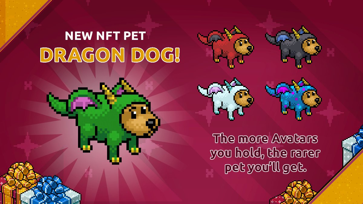 A Dragon Dog pet NFT. There are five different dogs, each with a different coloured outfit. These are usable in the iconic social world game Habbo Hotel, and they will be usable in the upcoming web3 game Habbo X.