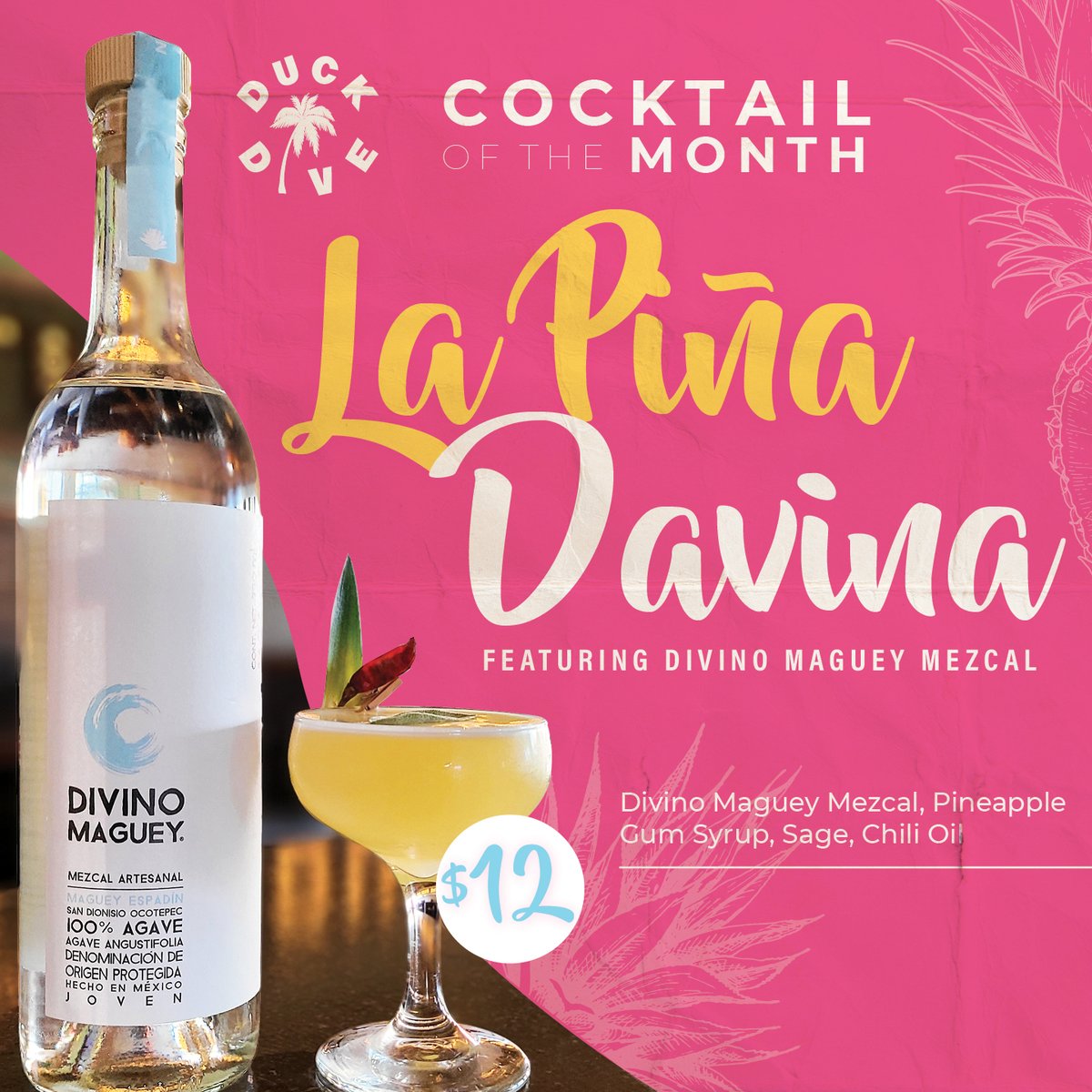 🚨Cocktail Of The Month🚨

LA PINA DIVINA - featuring Divino Maguey Mezcal
Get yours all November long!! Head in Weds - Sunday in the heart of PB