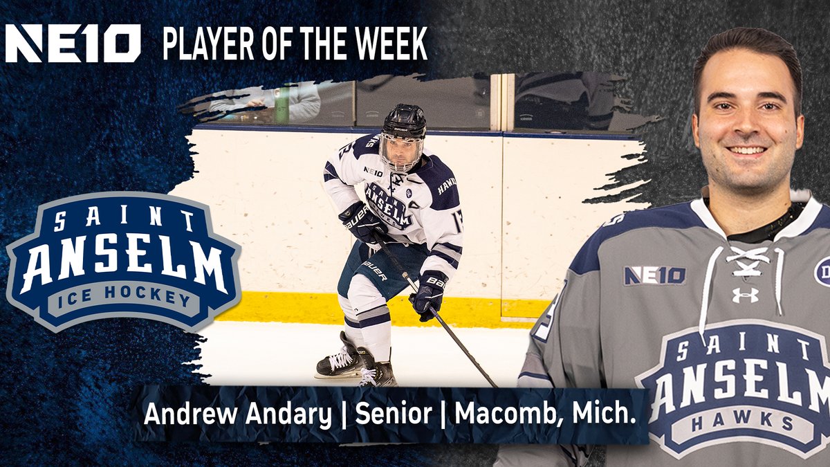 STAHawksMHockey's tweet photo. After scoring three goals and adding two assists to aid us to the Terry Moran Invitational Tournament Championship, senior Andrew Andary has been named the #NE10EMBRACE Player of the Week!

RELEASE: https://t.co/e7HilFRN0u

#HawksSoarHigher https://t.co/bRpmSRePTr