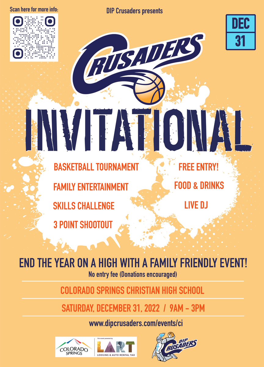 DIPCrusaders's tweet photo. ‼️FREE EVENT‼️

🫵 Join us in ending the year on a high with a family friendly day of entertainment!

🏀 Crusaders Invitational 

🗓️ Dec. 31st, 2022 / 9:00am – 3:00pm

📍Colorado Springs Christian HS.

🔗 https://t.co/AWjMc88b69

#DIPCrusaders #CrusadersInvitational https://t.co/dDi3wCF3BH