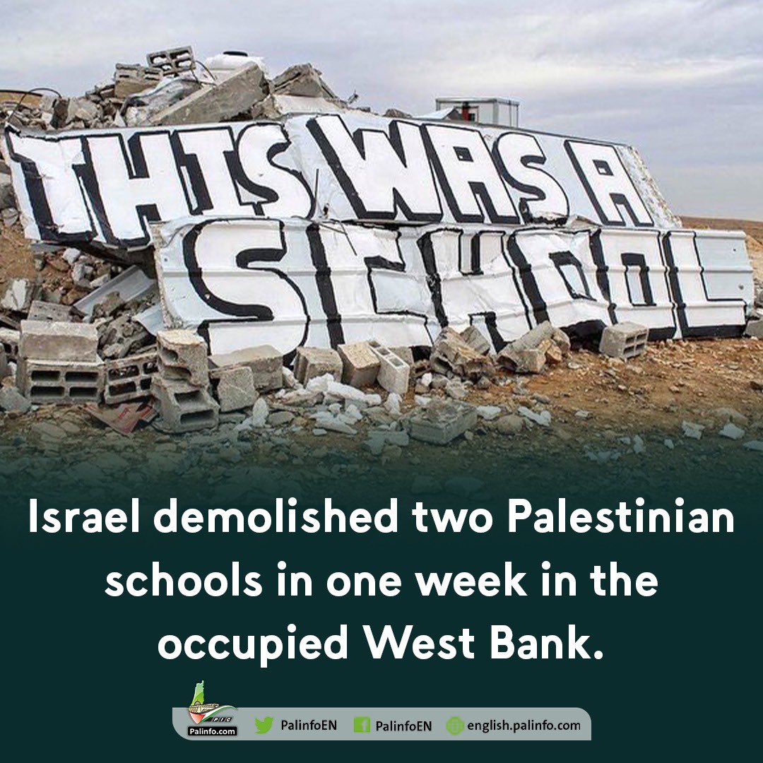 palinfoen's tweet photo. No education for native Palestinians. 

Israel demolished two Palestinian schools in one week in the occupied West Bank. https://t.co/h4l5JDZQ0J