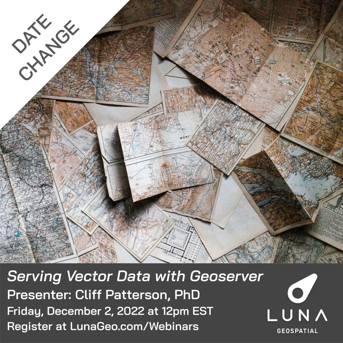 Date Change! Serving Vector Data with Geoserver presented by Cliff Patterson (@cliffpat) is now on Friday, December 2nd at 12pm Eastern. Registration is still open. lunageo.com/webinars/