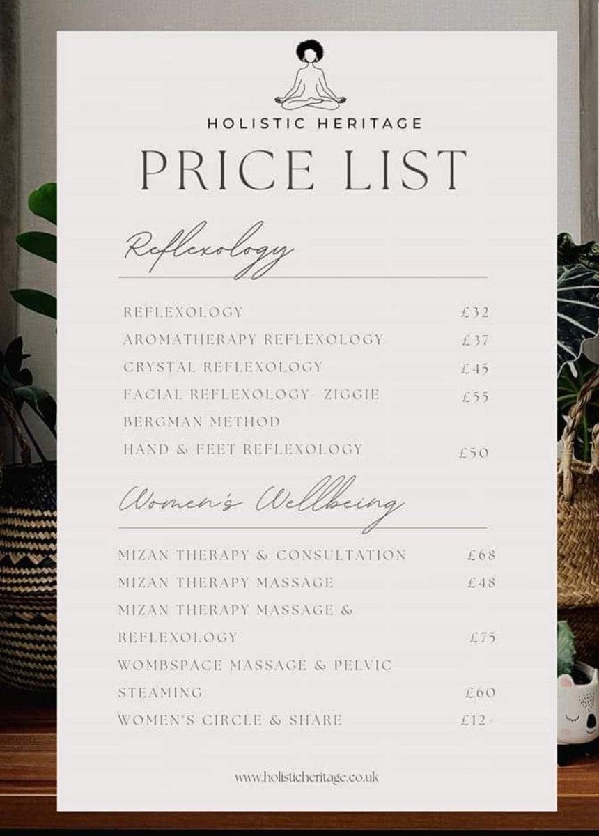 iamholistics's tweet image. Updated pricelist for you beauties
 
I still have a few appointments available for this week 💛

Much love, Phiona x

holisticheritage.co.uk 
#WomensHealth #reflexology #massage #northampton #smallbusiness #pelvicsteaming #steamingherbs #yonisteaming #talktherapy #mizantherapy