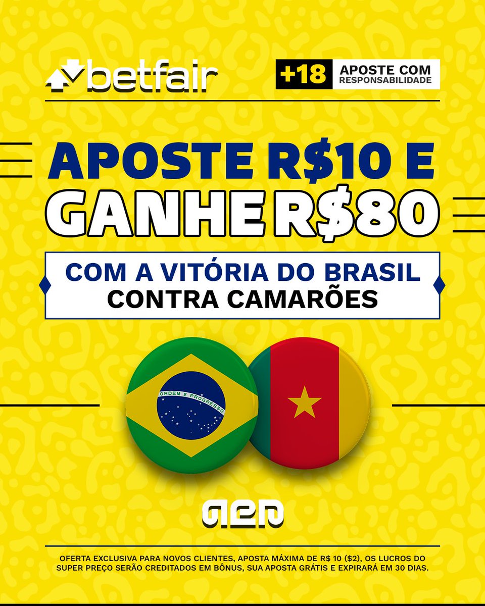 GANHE ATÉ R$80 EM BÔNUS COM A VITÓRIA DO BRASIL CONTRA CAMARÕES 🇧🇷🇨🇲

A Seleção vai em busca dos 100% de aproveitamento e novos usuários podem levar até R$80 em bônus.

👉 Abra sua conta: ads.betfair.com/redirect.aspx?…

🔞 Aposte com Moderação. Leia os T&amp;Cs da Promoção