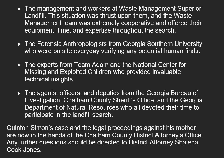#FBI Atlanta has confirmed through DNA analysis that the bones found in the Superior Landfill are those of missing 20-month-old Quinton Simon. <a href="/ChathamCountyPD/">Chatham County Police Department</a>