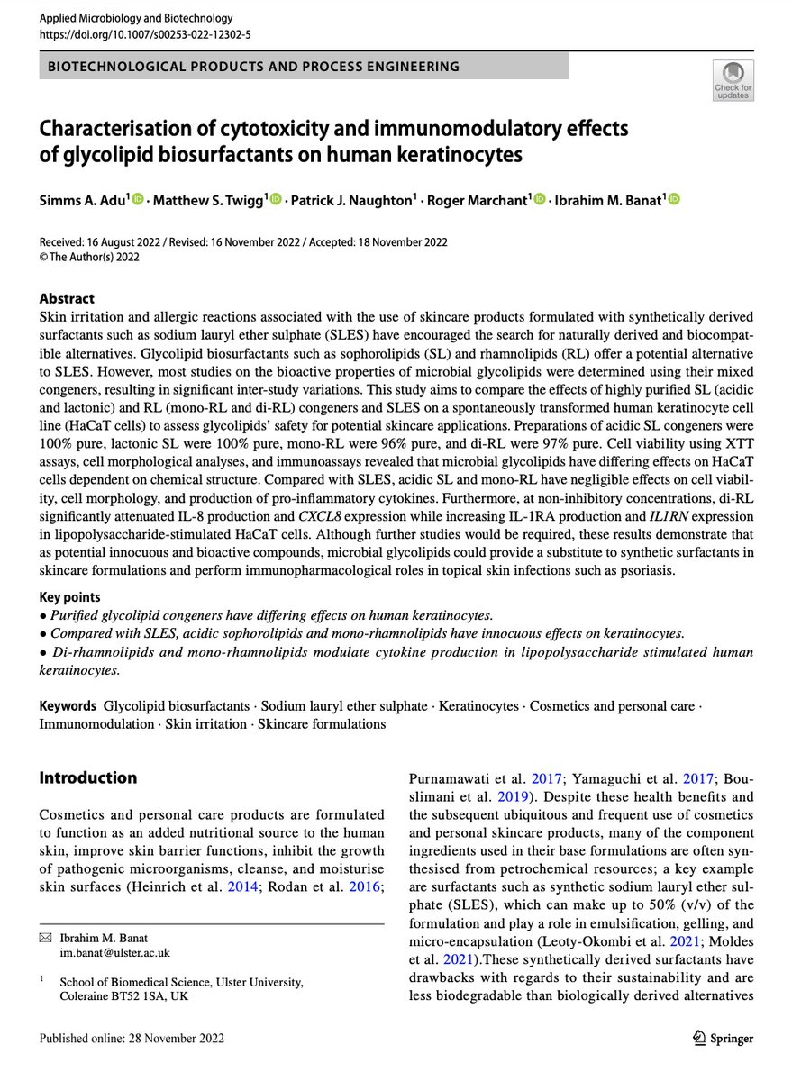 Delighted to share our latest publication on #biosurfactant applications in #skincare #formulations. Link to access article 👇👇 lnkd.in/enNw2gfg