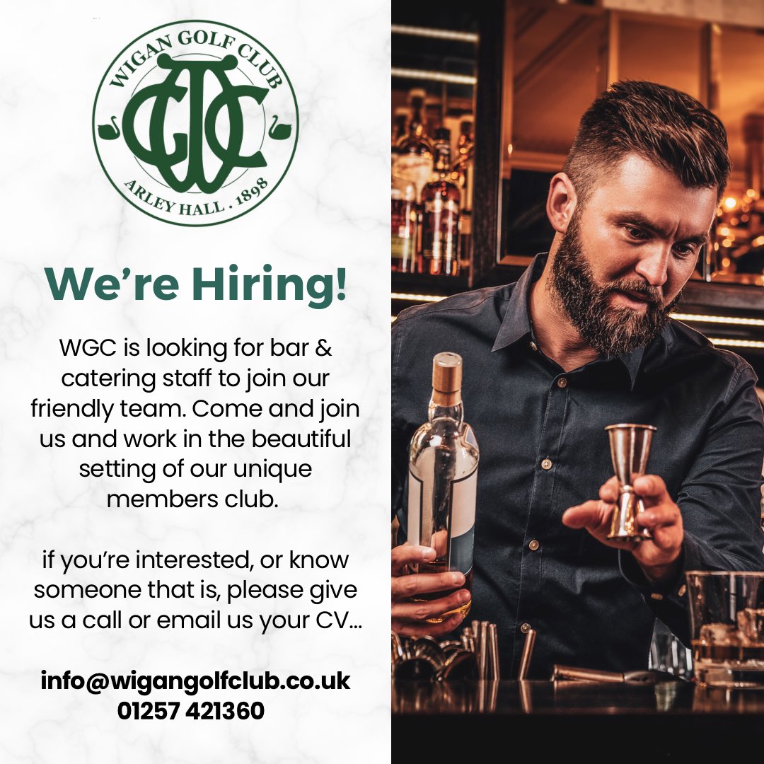 Bar &amp; catering staff needed at WGC! Contact us today!

#werehiring #wiganjobs #barstaff #cateringjobs