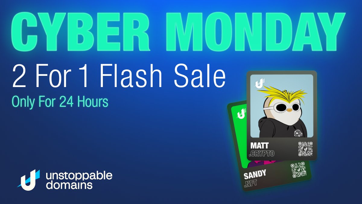 FPS1337's tweet photo. The Cyber Monday 2-for-1 #Domain Deal

For the next 24 hours, buy any #Web3 domain and get a second one of equal or lesser value free. #nft 

No limits on domains. No limits on quantity. 

Register now => https://t.co/5SUYYovhkg

@cctip_com airdrop 0.2 MATIC 100 https://t.co/enJkVjZ9np