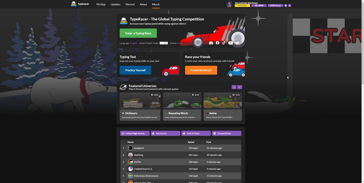 typeracer's tweet photo. Big facelift to our site's theme, hopefully you like this one better. Dark mode and monospace font when typing. https://t.co/Ww90VtNIMu