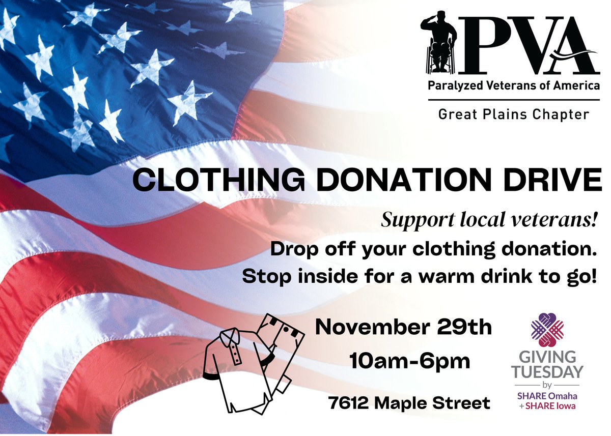 Join us tomorrow, on #GivingTuesday, to drop off clothing donations and grab a warm drink to go. Your support will help us in our efforts to provide opportunities for paralyzed veterans and others with a spinal cord injury/disease. #clothingdrive