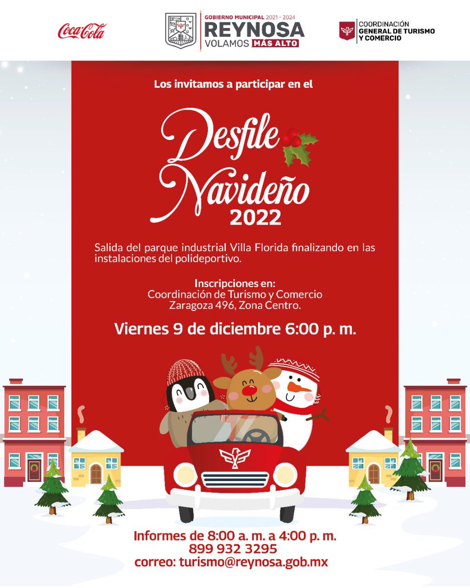 Los invito a participar en el Desfile Navideño este próximo 09 de diciembre, lleva un vehículo decorado con temática de navidad 🌲
Realiza tu registro a través de los siguientes números o correo electrónico:
8999323295, WP: 8998710202 y turismo@reynosa.gob.mx
#VolamosMásAlto