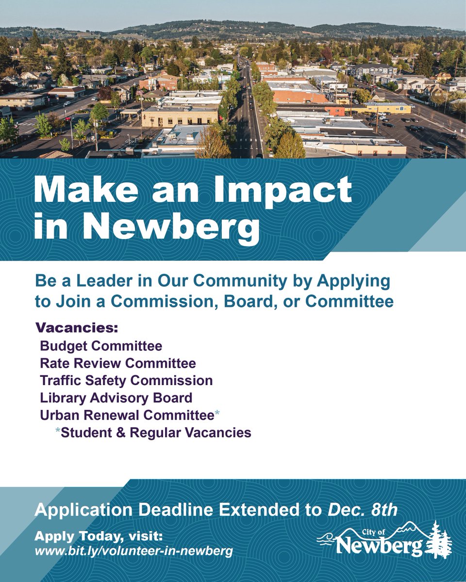 Hey Newberg! 📣 Want to Make and Impact in your community?  The deadline to apply for a volunteer commission, board, or committee has been extended to December 8th!
✍️ Interested? APPLY TODAY, visit: newbergoregon.gov/bc/webform/app…
📋 For more information, visit: newbergoregon.gov/citycouncil/pa…