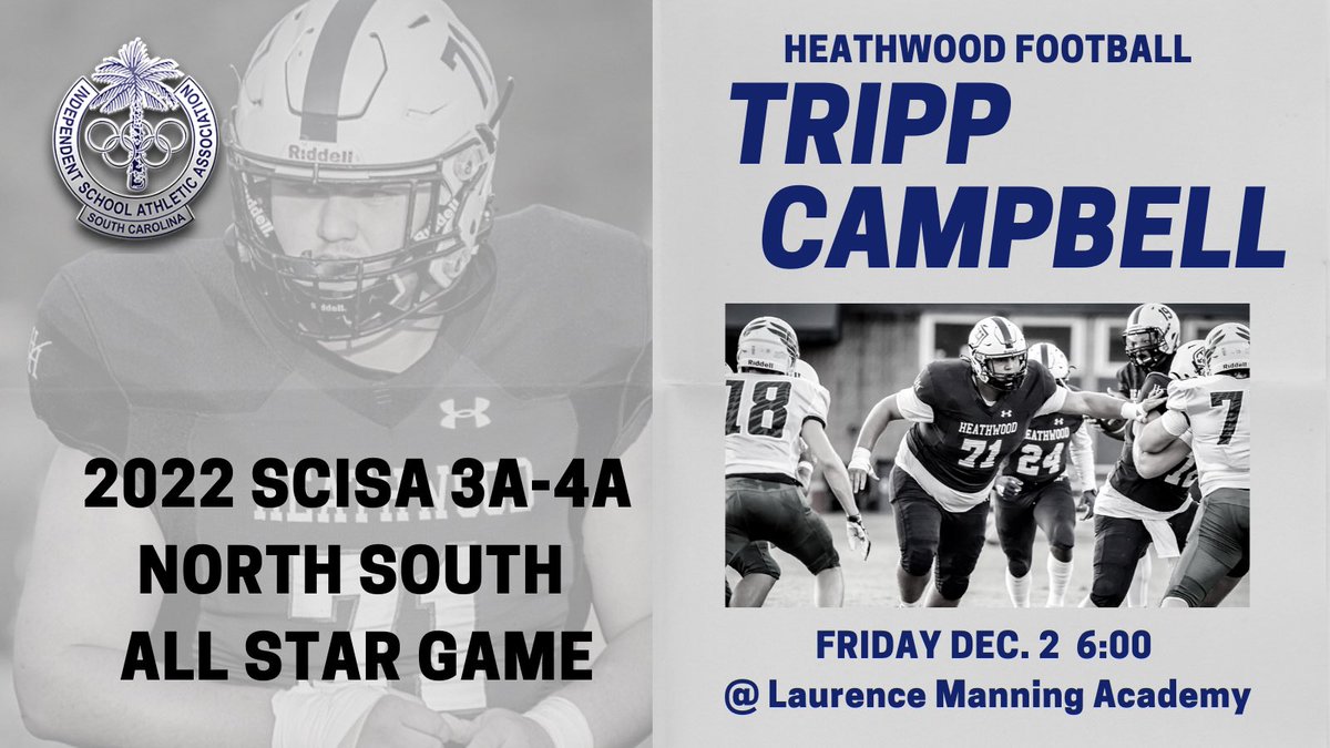HeathwoodFB's tweet photo. HH ⚔️ Offensive All Stars

🏈 SCISA 3A-4A N/S All Star Game
🗓️ Friday, Dec. 2 
⏰ 6:00
📍Laurence Manning Academy https://t.co/qu4GiwgqEX
