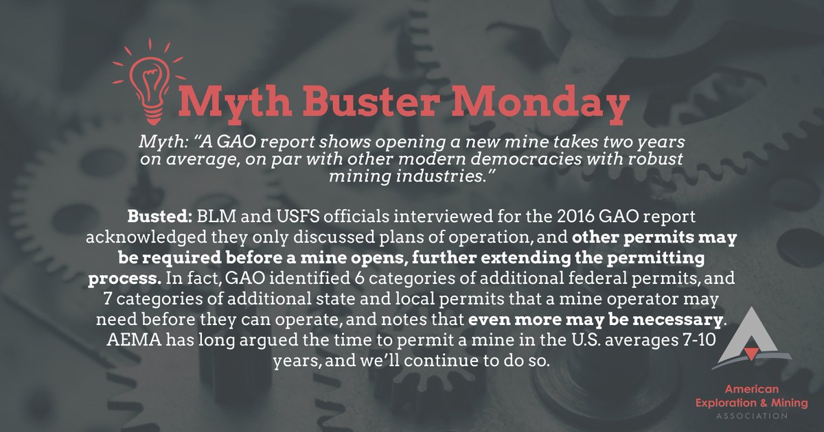 MiningAmerica's tweet photo. One of the most common myths about mining is how quick and easy the permitting process is... and it is simply not true. #mining #miningmatters #mythbuster #mythbustermonday #Miningmyth #miningfact https://t.co/1A2RMQecXh