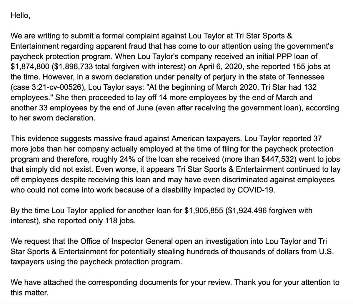 BritneyTheStan's tweet photo. BREAKING: Lou Taylor has been reported to authorities for potentially stealing hundreds of thousands of dollars from American taxpayers using COVID-19 relief money #JusticeForBritney https://t.co/Sd5b7FoH0s