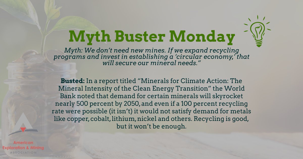 MiningAmerica's tweet photo. Recycling will not be enough to meet demand! #mining #miningmatters #mythbuster #mythbustermonday #Miningmyth #miningfact https://t.co/IrcF8NUp6J