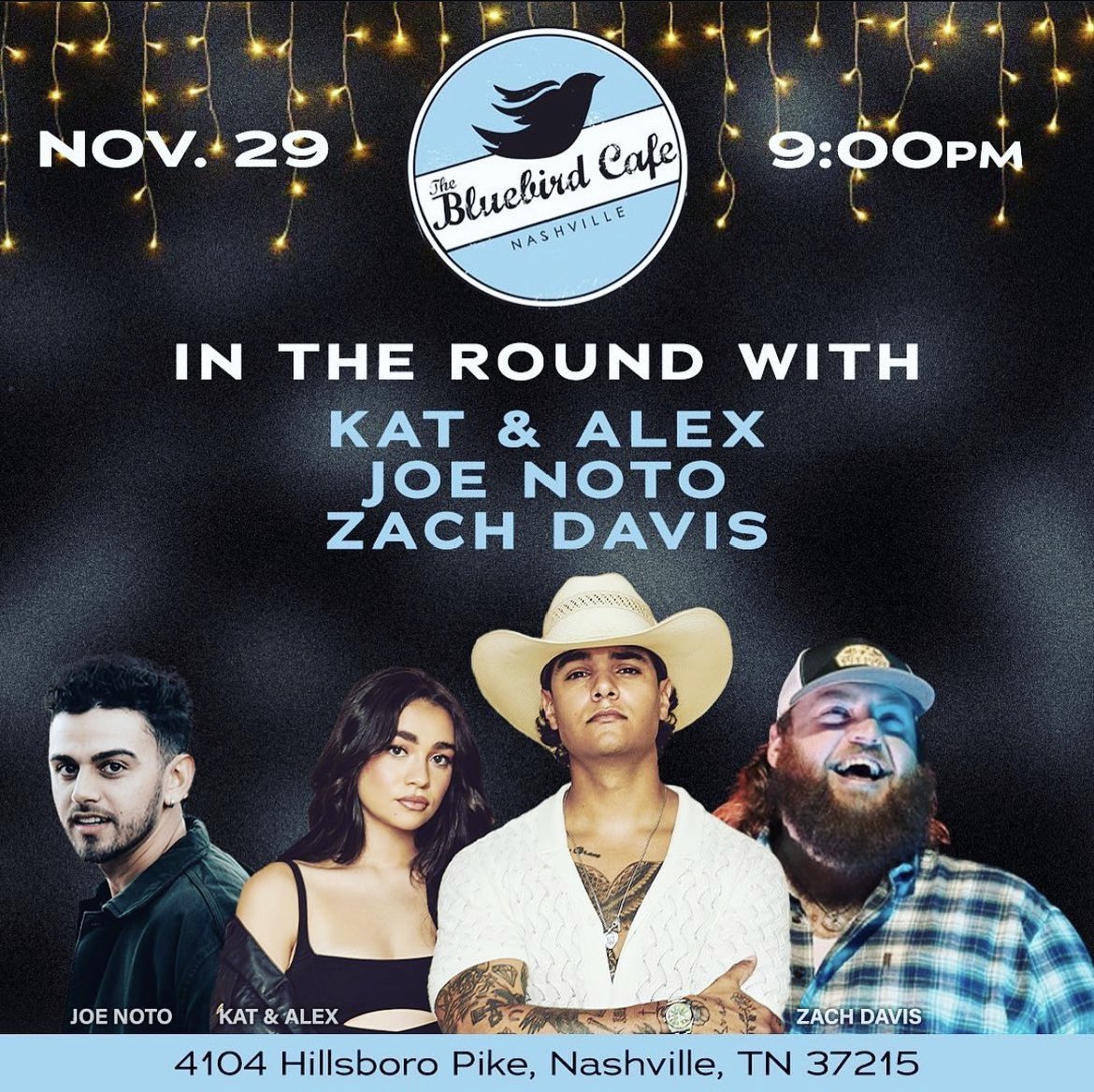 Get ready...<a href="/katandalex/">Kat and Alex</a> , @joenotomusic , and <a href="/zachdavismusic/">Zach Davis</a> are taking the stage at <a href="/BluebirdCafeTN/">The Bluebird Cafe</a> tomorrow night! See y'all there 🤘🏻