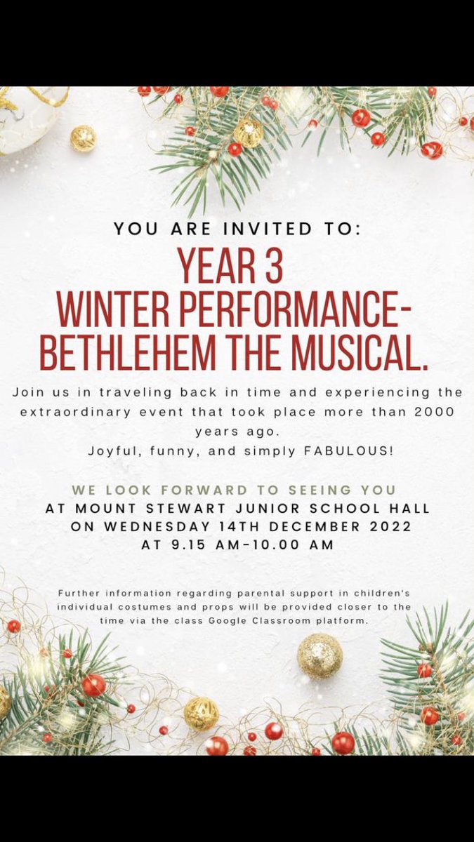 We look forward to welcoming all our year 3 families to our winter performance- Bethlehem the Musical #tmsssyear3