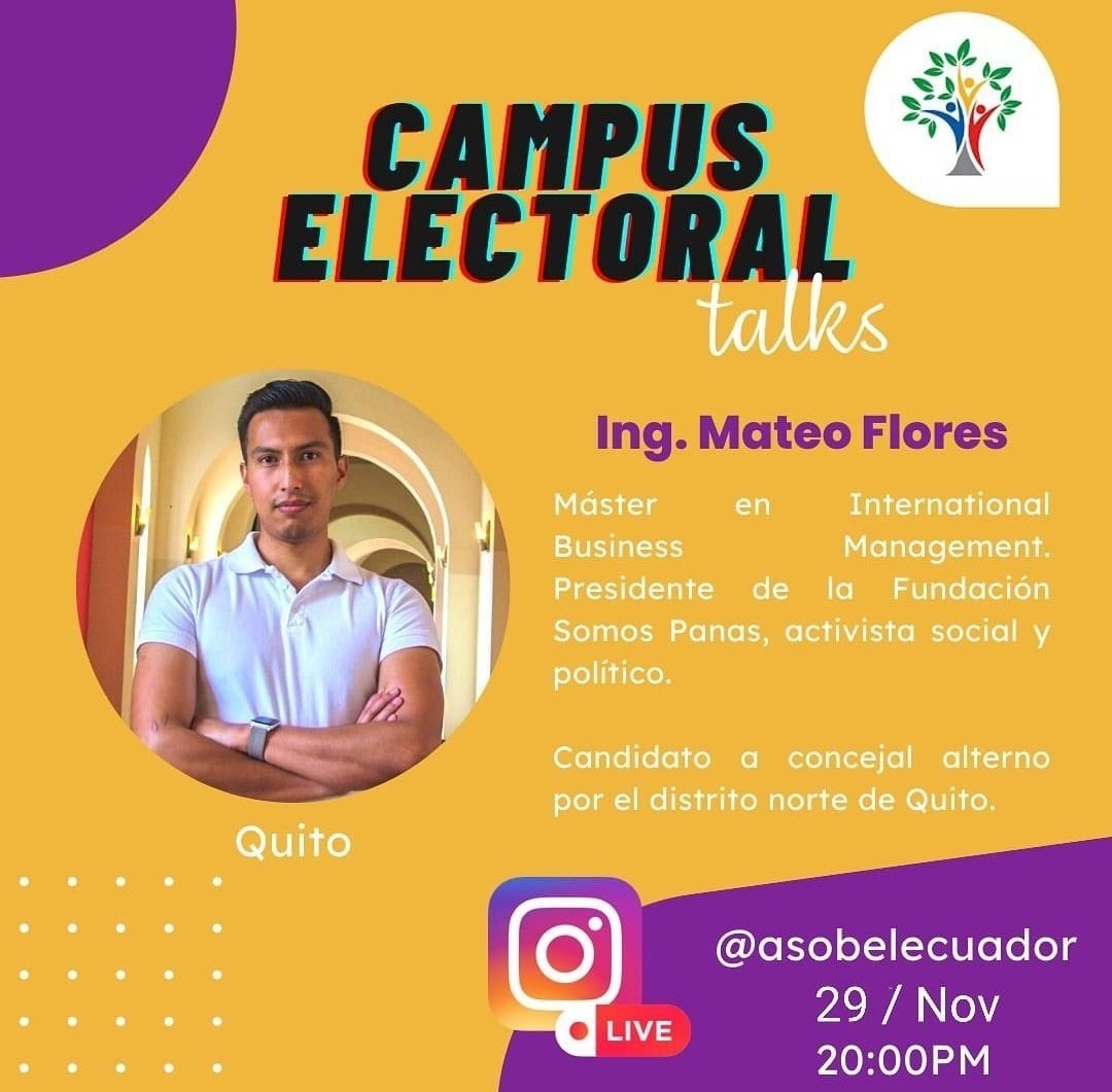 Mañana 29/11 a las 8 pm tendremos a <a href="/mateo_093/">Mateo Flores</a> nuestro invitado especial de un episodio más de Campus Electoral Talks! El nos comentará sobre su trayectoria, propuestas para Quito y muchos temas más 🇪🇨
¿Quieres participar de este espacio?

Escríbenos.