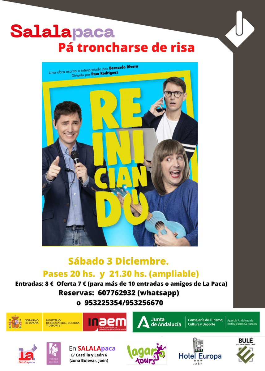 Este sábado 3 de diciembre nos estrenamos en Jaén. Por primera vez Qué jArte! actuará en dicha ciudad en la @ApacaSalal y estamos con muchas ganas de llevar #reiniciando de <a href="/riveraruizb/">Bernardo Rivera</a> 

Os esperamos.