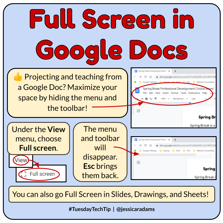 👍 It's time for a #TuesdayTechTip! Go Full Screen in @googledocs to hide the menu and toolbar and maximize your view. Excellent for when you're projecting and teaching. 😊

@GoogleForEdu @mayyoulee #GoogleET #AllTheTabs