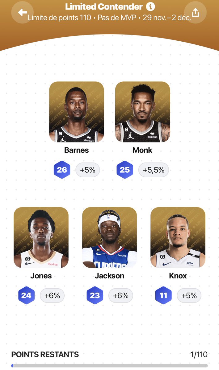 xMicrogus_NBA's tweet image. 📊Sorare NBA 🏀 game week 12
🗓29-02 décembre

Inscription sur 3 compétitions:

🔴 Premier pas en rare avec la Rare Champion , Young MVP

🟠 Limited Champion, Davis MVP

🟠 Limited Contender 

Je vais voir au dernier moment si je remplace Davis car il est en game-time decision