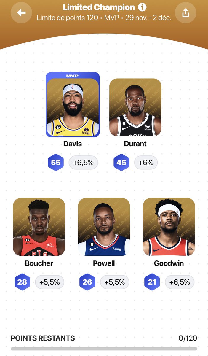 xMicrogus_NBA's tweet image. 📊Sorare NBA 🏀 game week 12
🗓29-02 décembre

Inscription sur 3 compétitions:

🔴 Premier pas en rare avec la Rare Champion , Young MVP

🟠 Limited Champion, Davis MVP

🟠 Limited Contender 

Je vais voir au dernier moment si je remplace Davis car il est en game-time decision