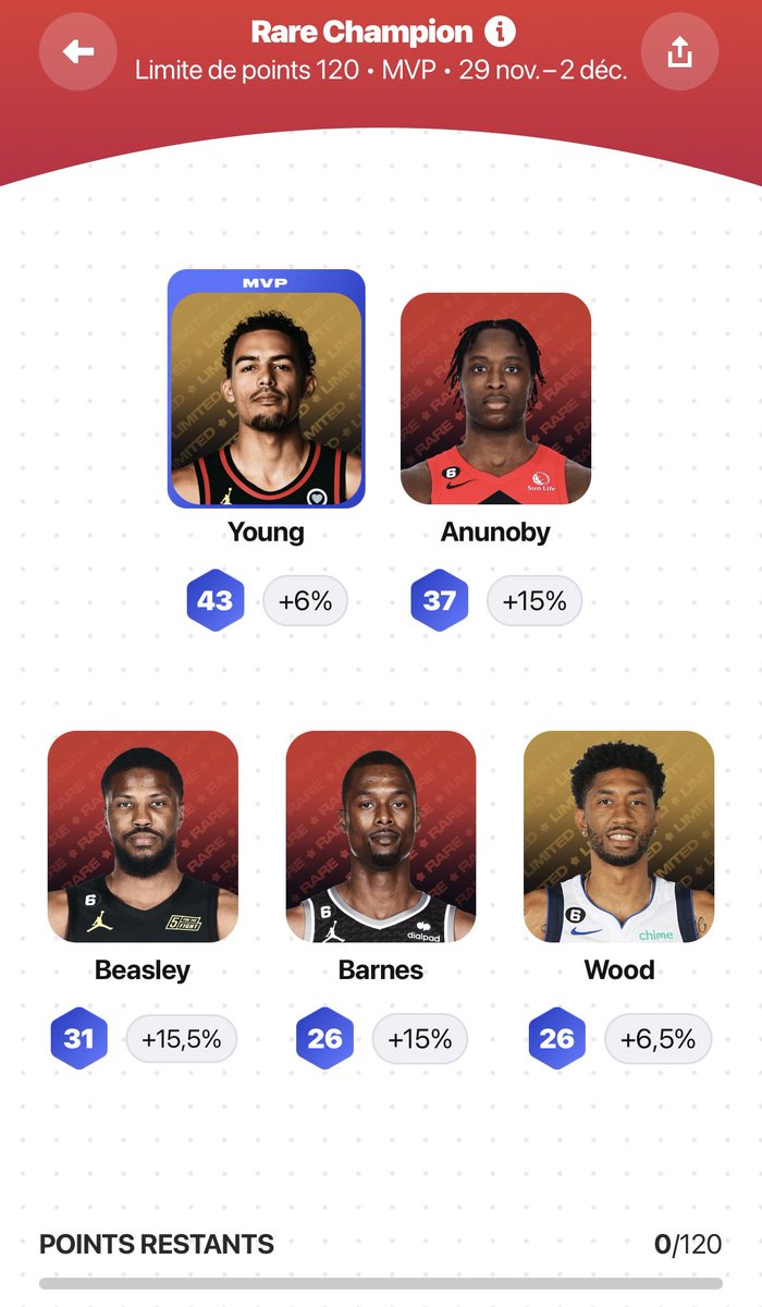 xMicrogus_NBA's tweet image. 📊Sorare NBA 🏀 game week 12
🗓29-02 décembre

Inscription sur 3 compétitions:

🔴 Premier pas en rare avec la Rare Champion , Young MVP

🟠 Limited Champion, Davis MVP

🟠 Limited Contender 

Je vais voir au dernier moment si je remplace Davis car il est en game-time decision