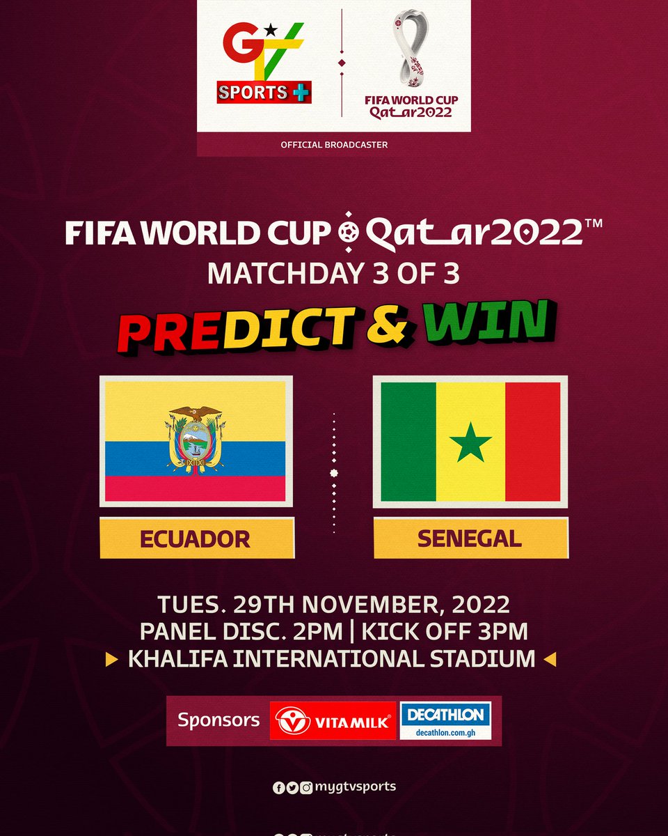 Predict the correct scoreline between Ecuador and Senegal and win fantastic prizes.
 Winners must like, follow our Instagram page GTVSPORTS+ @mygtvsport and like the #predictandwin post on Instagram before predicting. Winners will be picked from Instagram only. 
#GTVSPORTS
