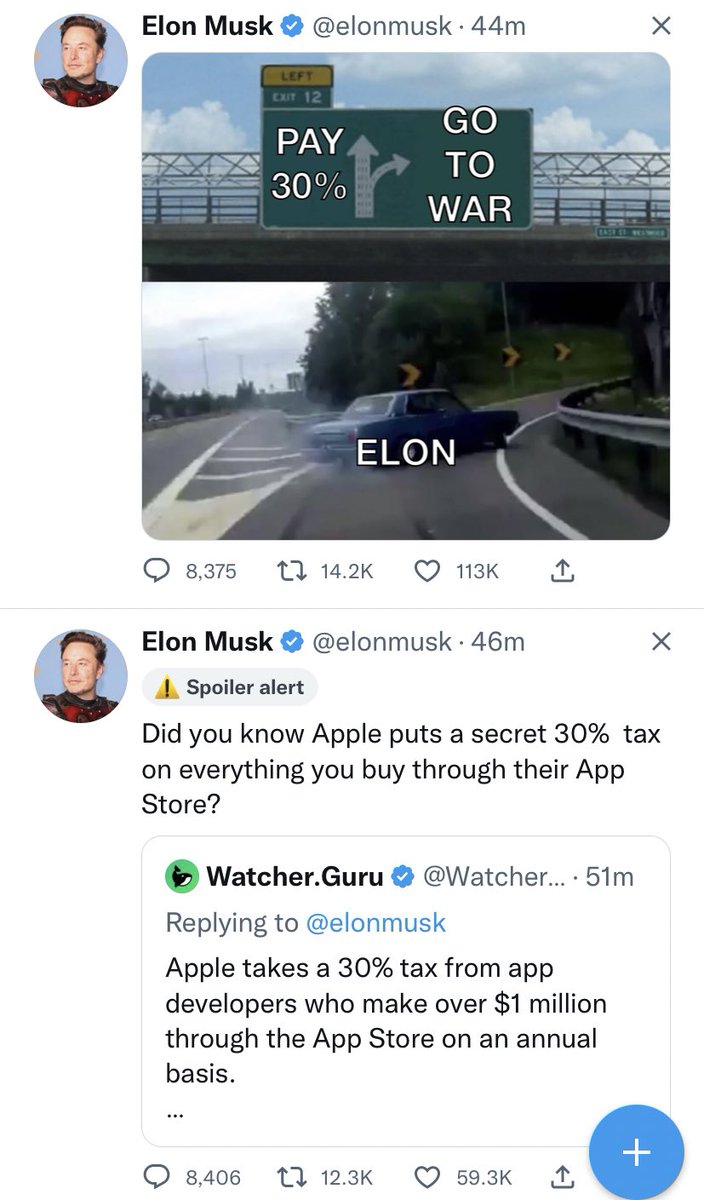 MattBinder's tweet photo. Apple gave Fortnite the boot for not agreeing with the App Store revenue share and the game was making $1 billion+ on iOS

something tells me Apple won’t be rattled by Musk and his army of 150k users paying $8 https://t.co/vaMorPHaoU