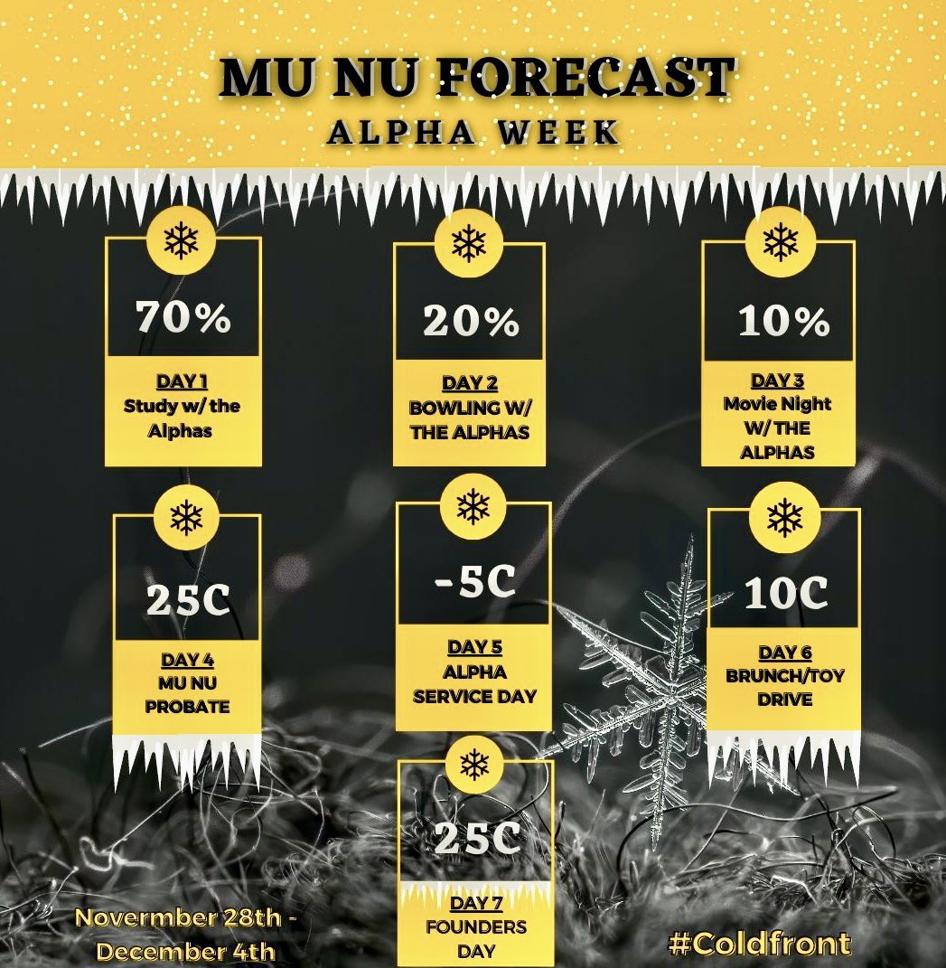 TxStAlphas's tweet image. Alpha week is finally upon us! Here is our list of events. Come support and make sure to bring canned donations to help out with families in need over the holidays! #Coldfront #Alphaweek #Foundersday