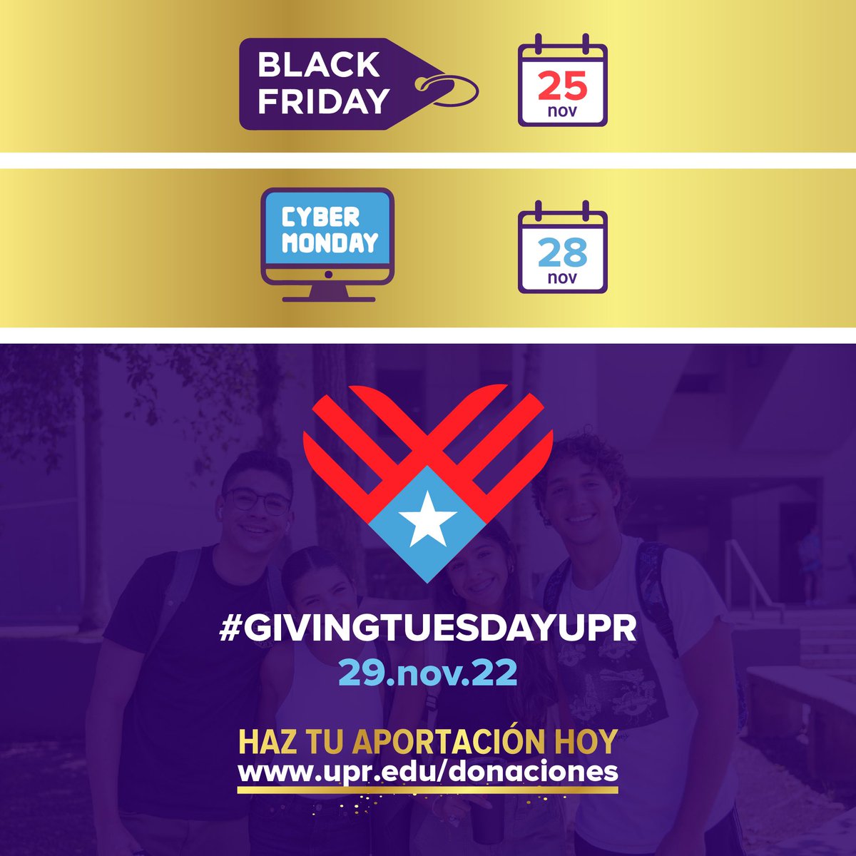 UPRCA_Informa's tweet photo. #givingtuesdayUPR, - Tu donativo nos permite de igual modo, apoyar la carrera universitaria de estudiantes talentosos de escasos recursos mediante becas y aportaciones. Visita el portal https://t.co/kh70CkGKZA y escoge la causa a la que desees aportar. https://t.co/VRULr2tXL9