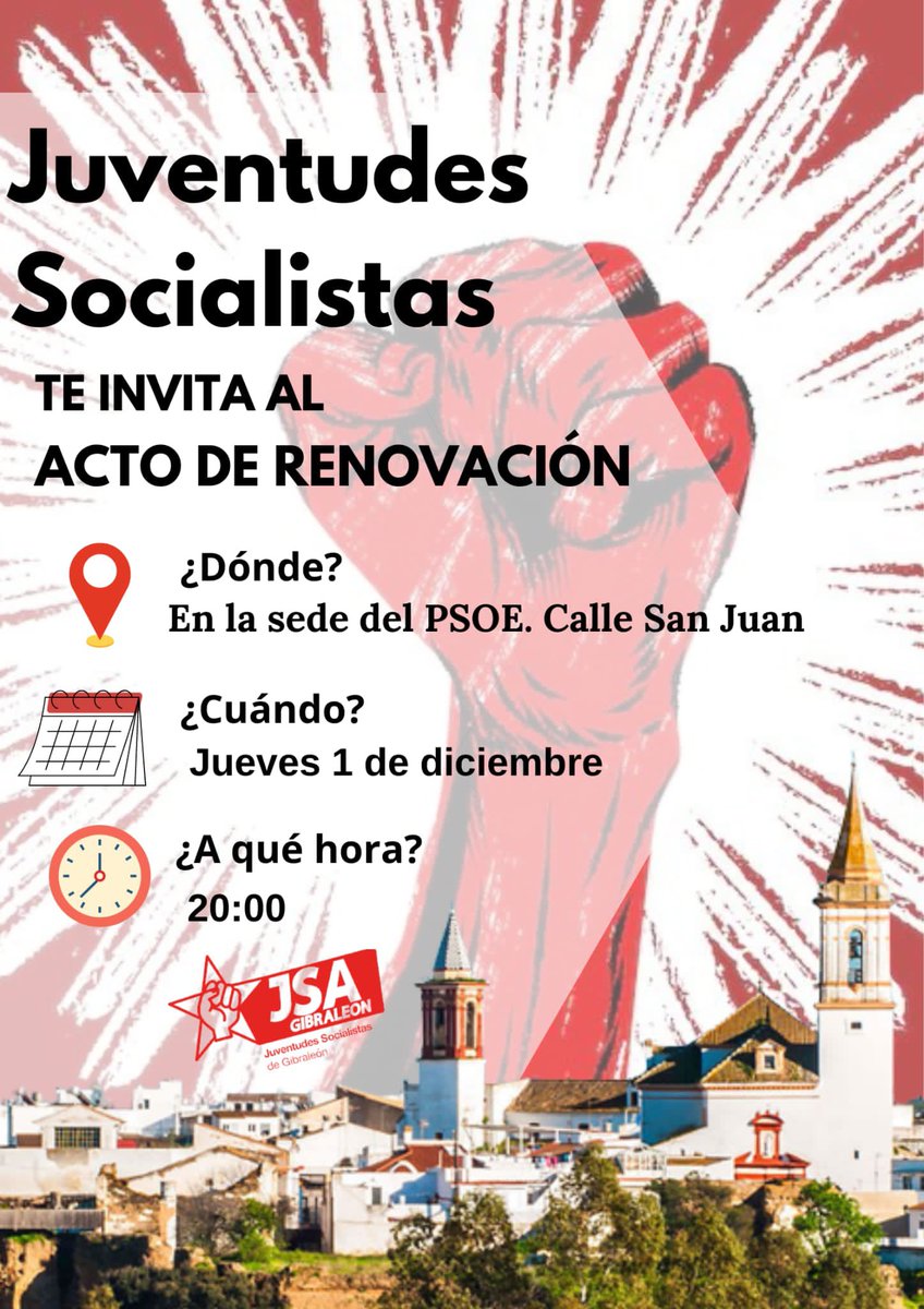 JSAGibraleon's tweet photo. Las JSA de Gibraleón te invita a la celebración del Acto de Renovación, que se llevará a cabo el día 1 de diciembre de 2022 en la Sede Local del PSOE a las 20:00h.

¡Los Jóvenes Socialistas de Gibraleón queremos seguir luchando por nuestro pueblo!
¡Te esperamos! 
#ConCorazón! https://t.co/sHOgCIXUt1