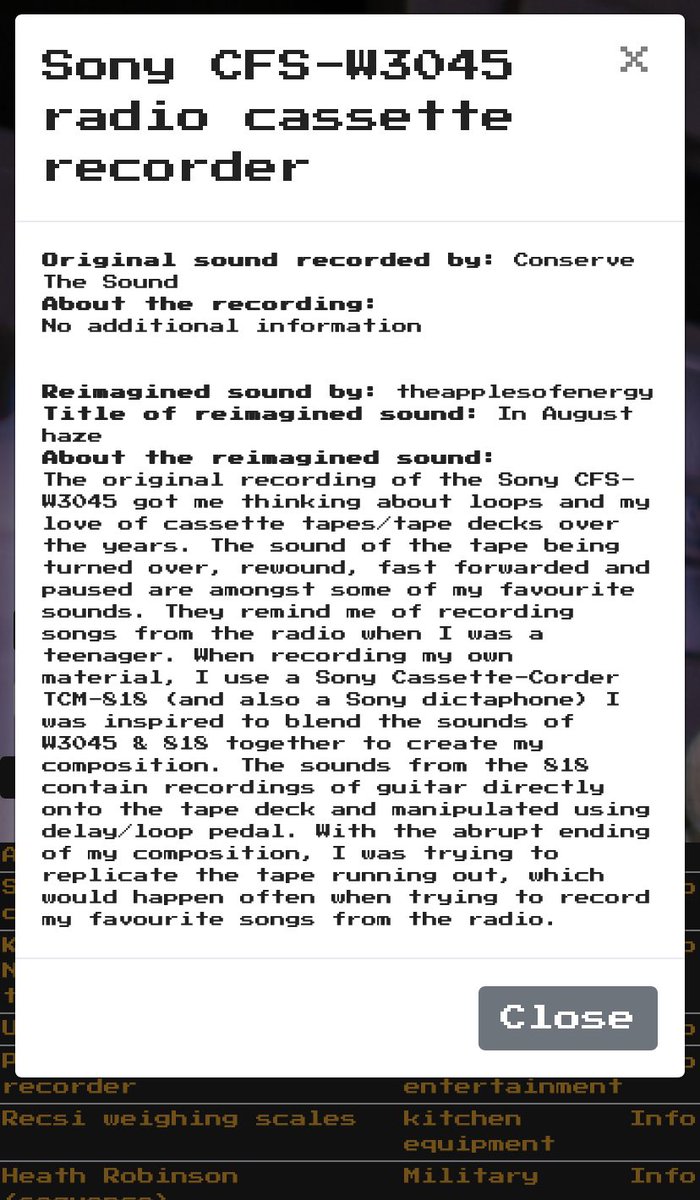 Great to contribute to the Obsolete Sounds project - there’s a new <a href="/theapplesofnrg/">t h e a p p l e s o f e n e r g y</a> track ‘in August haze’ which was made using sounds from a Sony CFS-3045 radio cassette recorder.Looking forward to hear all the other compositions which are to be archived at the British Library.
