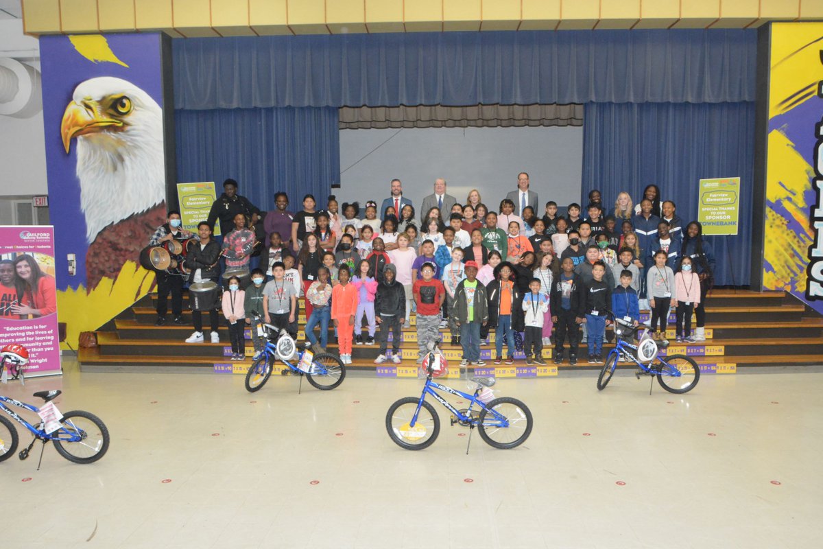 In partnership with the Bikes for Kids Foundation, all 3rd-graders at <a href="/FairviewGCSNC/">Fairview Elementary 🦅</a> &amp; Union Hill Elem received a new bike and helmet today in a surprise giveaway! Students were told that the top 3 essay writers would win a bike. To their surprise, all 3rd-graders were winners!