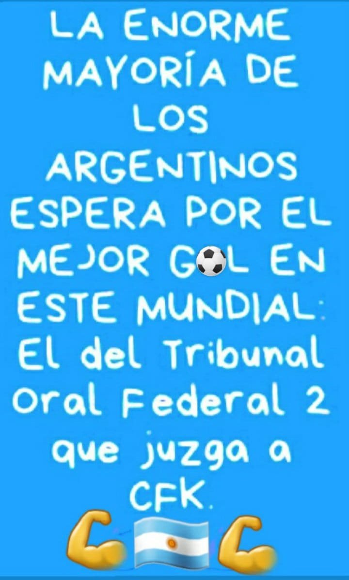 PatriceCrice's tweet image. #VanACorrer 
#CFKLadronaDeLaNacionArgentina 
La enorme mayoría de los argentinos espera por el mejor golazo del Tribunal Federal !! ⚖️💪🇦🇷