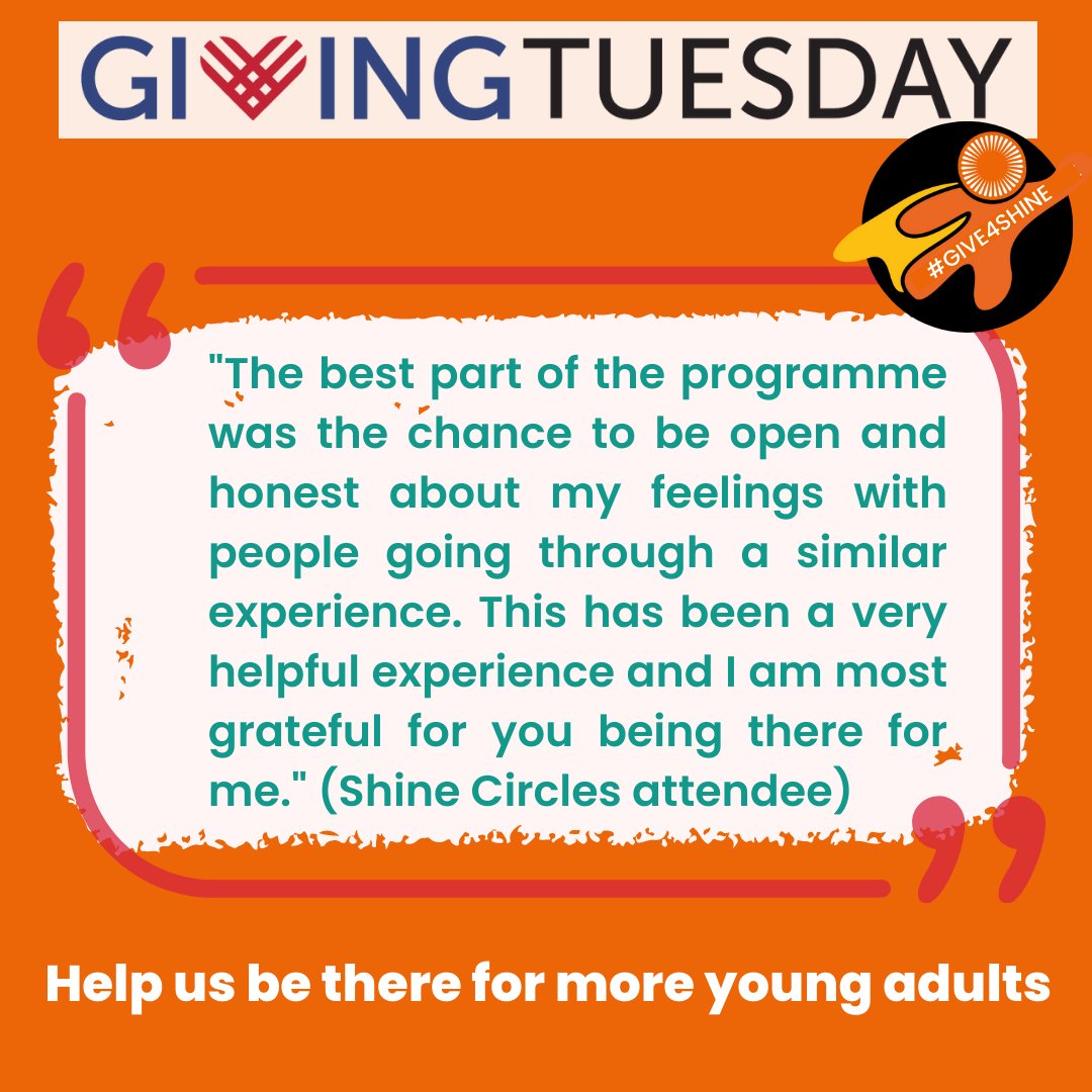 Shine Cancer Support (@shinecancersupp) on Twitter photo Shine support programmes make a difference for many young adults going through cancer (and their loved ones on our Plus Ones Circles) 
Help continue to grow the programmes we run, to help more people by giving #GivingTuesday #Give4Shine
link.justgiving.com/v1/charity/donβ¦
#cancersupport Shine support programmes make a difference for many young adults going through cancer (and their loved ones on our Plus Ones Circles) 
Help continue to grow the programmes we run, to help more people by giving #GivingTuesday #Give4Shine
link.justgiving.com/v1/charity/donβ¦
#cancersupport