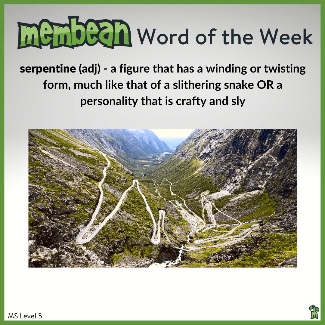 membean's tweet photo. Driving on a serpentine road can be a bit unnerving. Do you have a lot of roads like this where you live? 

#Membean #ThatsAMembeanWord #Level5Word #WordsForLife #Vocabulary #PersonlizedLearning #DifferentiatedInstruction #2ndaryELA #EnglishTeacher #ITeachEnglish #LifelongLearner https://t.co/e5ncLtptmr