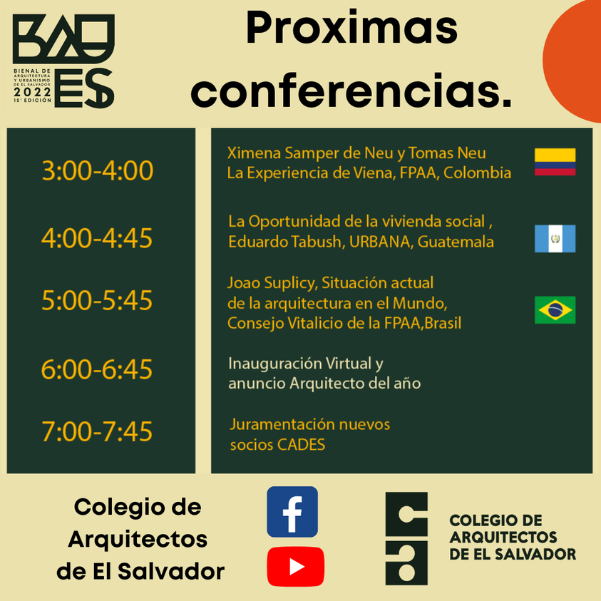 Arranca #BAUES2022, con conferencias magistrales, en diversos formatos compartiendo casos de estudio y sesiones tecnicas.
Conoce todas las actividades que se realizarán estos proximos dias ingresando a la pagina oficial de la Bienal de Arquitectura y Urbanismo.
<a href="/CadesES/">CadesElSalvador</a>