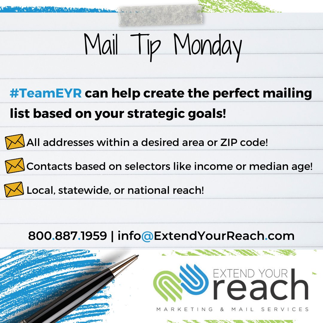 eyreach's tweet photo. Is not having your mailing list preventing you from sending a direct mail piece? Already have a list and don't know how to get started? Call or email today to find your perfect mailing list, or let #EYR verify and presort your current contacts. 📫💙
#mailtipmonday https://t.co/BlbsBkt0YK