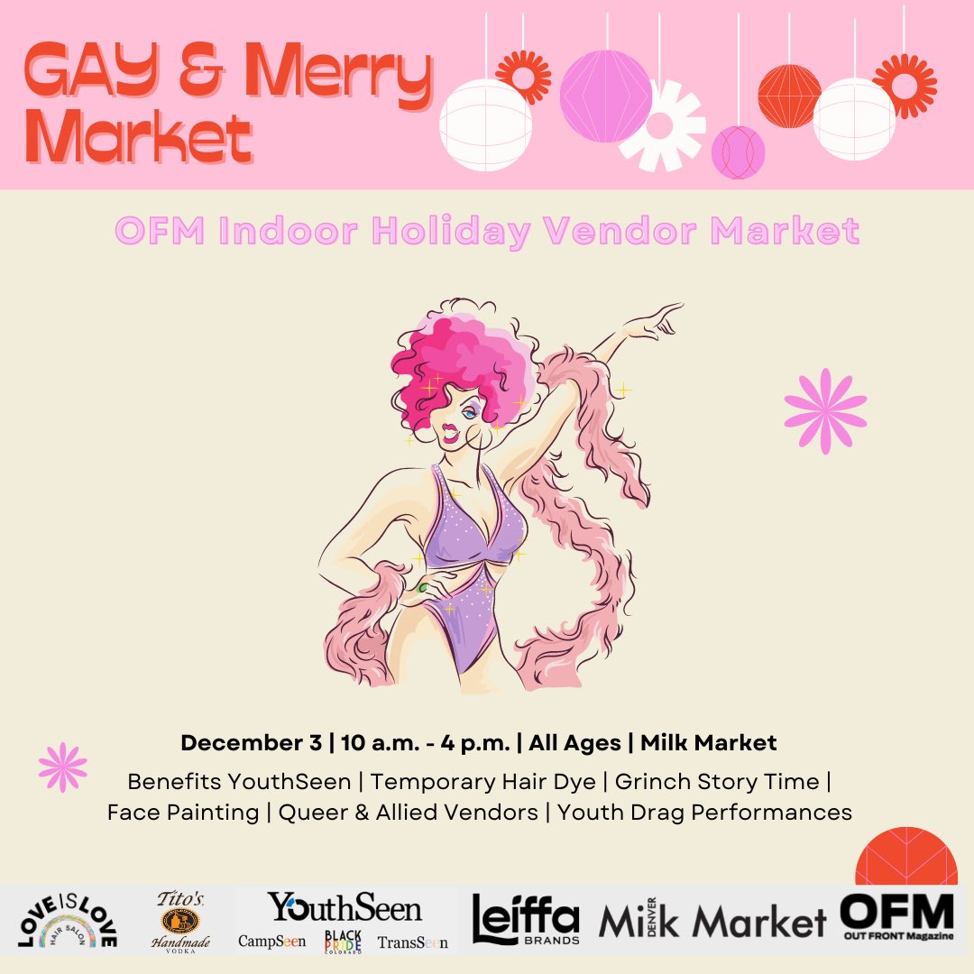 Come join us at Milk Market for the Gay &amp; Merry Market Dec. 3rd! ✨ @outfrontmagazine <a href="/youth_seen/">YouthSeen</a> 

Featuring vendors, drink and food specials, temporary hair dye drag performances, &amp; more! 

Come check it out for all your shopping needs! 🎄🛍️

FREE EVENT! 🙌🏾

#holidayevents